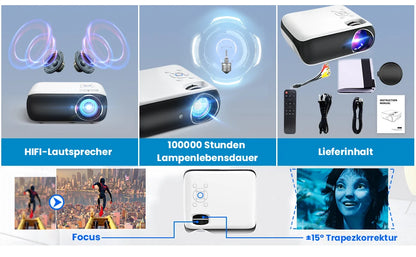 Full HD 1080P, Bluetooth 4K, Tragbare Mini Beamer Heimkino, Home/Outdoor Projektor，HDMI/USB/PS5