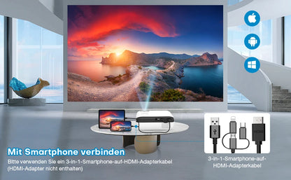 Full HD 1080P, Bluetooth 4K, Tragbare Mini Beamer Heimkino, Home/Outdoor Projektor，HDMI/USB/PS5